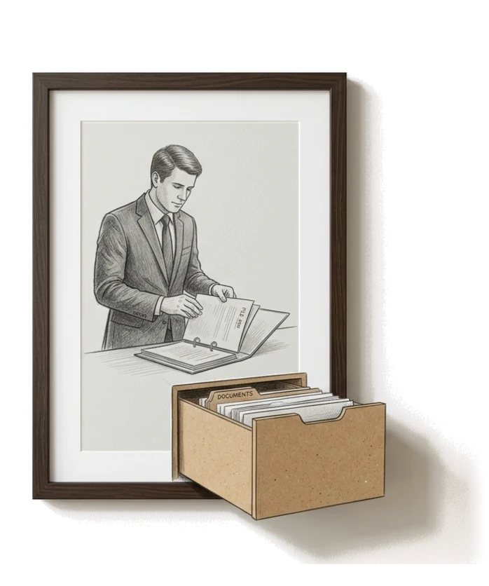 Dessin au crayon : le conseiller classe des documents dans un classeur ; un tiroir d’archives en carton sort du cadre.