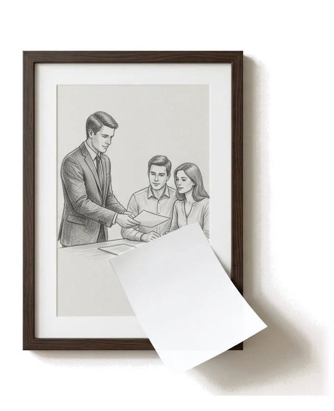 Dessin au crayon : le conseiller remet un document à un couple ; une vraie feuille de papier glisse hors du cadre.
