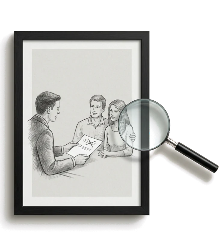 Dessin au crayon : le conseiller explique à un couple un document où une option est barrée ; une loupe sort du cadre.