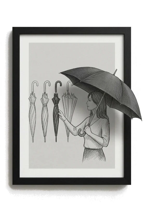 Dessin au crayon : une femme choisit parmi plusieurs parapluies ; celui qu’elle ouvre sort du cadre.