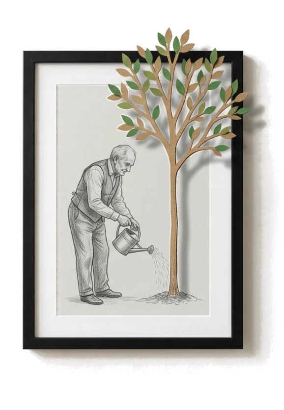Dessin au crayon : un homme âgé arrose un jeune arbre ; l’arbre, en carton, dépasse du cadre.